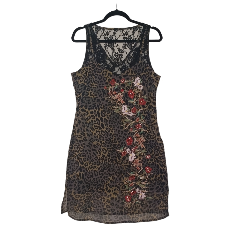 GUESS LA Leo Camo Floral Olive Black Lace Sleeveless Odessa Slip Dress L NWT